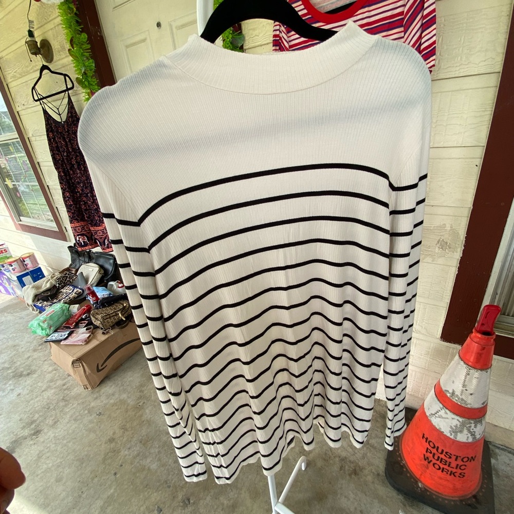 White and Black Striped Long Sleeve Top